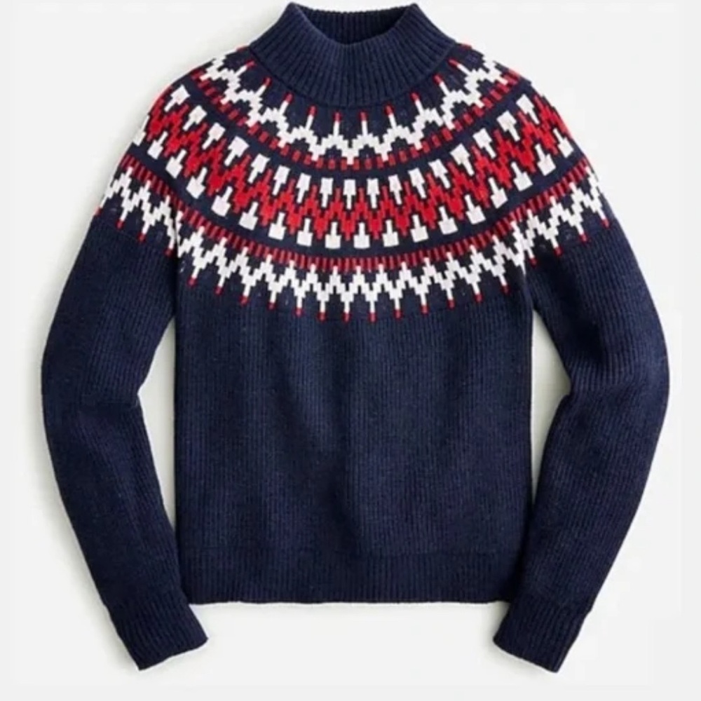 J. Crew Fair Isle Mockneck Wool Blend
Sweater Large- navy / red